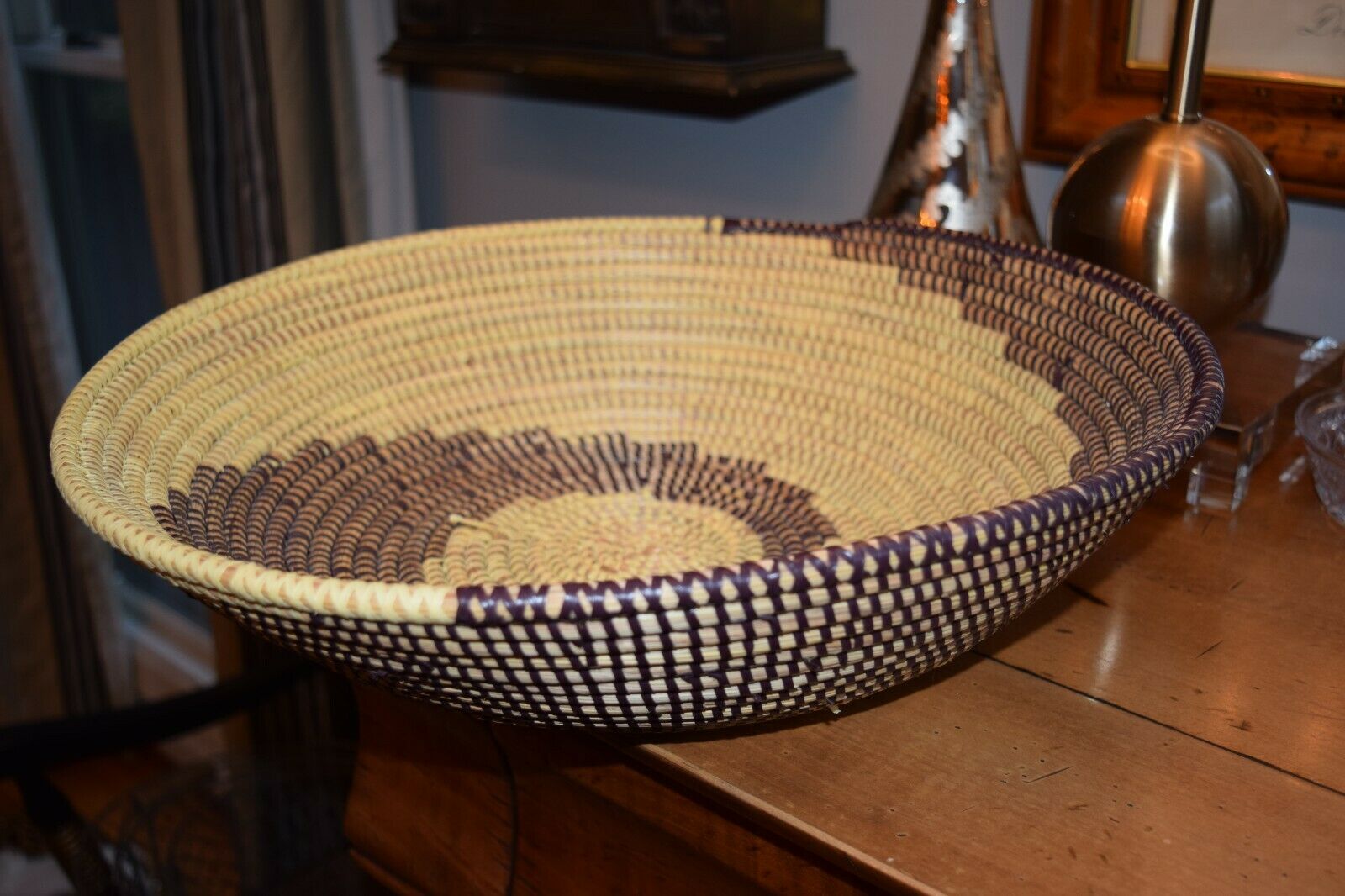 Large Coil Woven Grass Basket 15.75" African Rwanda Browns Cream Swirl
