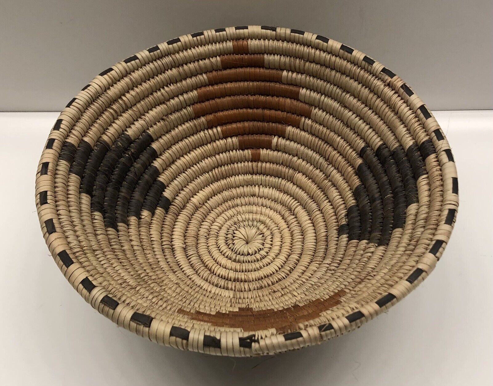 African Art Hand Coiled Woven Bowl Basket Geometric Design Palm Leaves