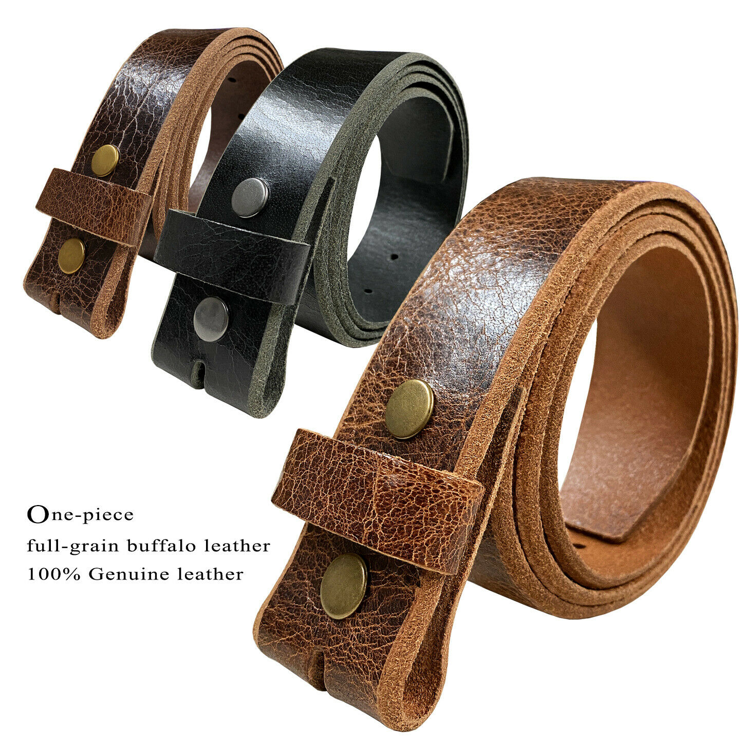 Belt Strap Snap On Full Grain One Piece Leather Unisex Belt-black, Brown, Or Tan