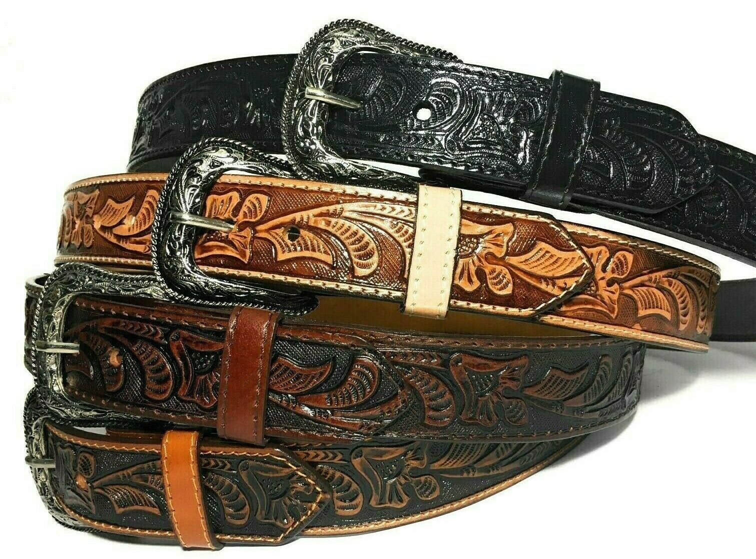 Western Leather Belt. Cowboy Rodeo Casual Leather Belt Floral Embossed