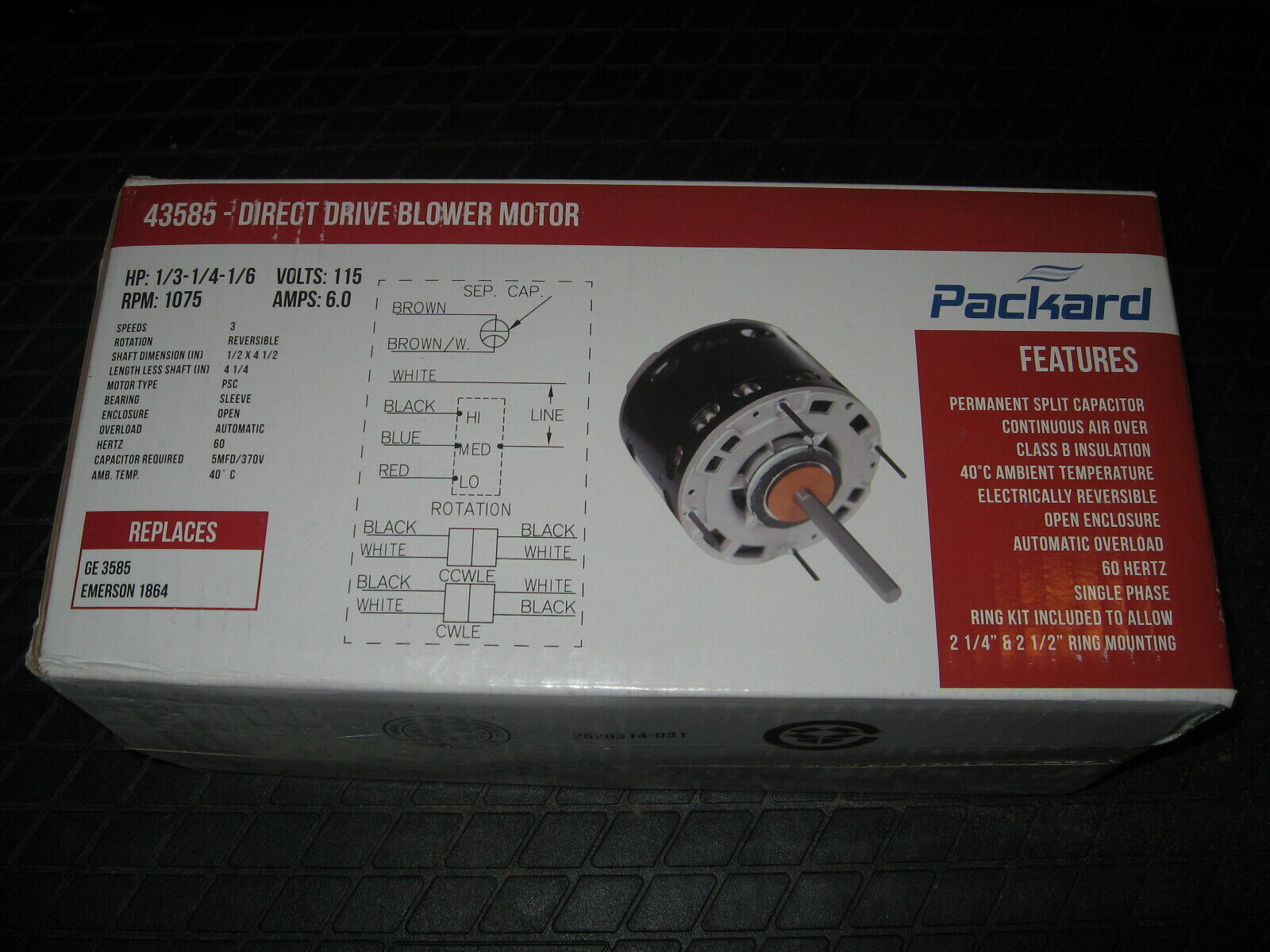 Packard 45385 Blower Motor 115v 3-speed