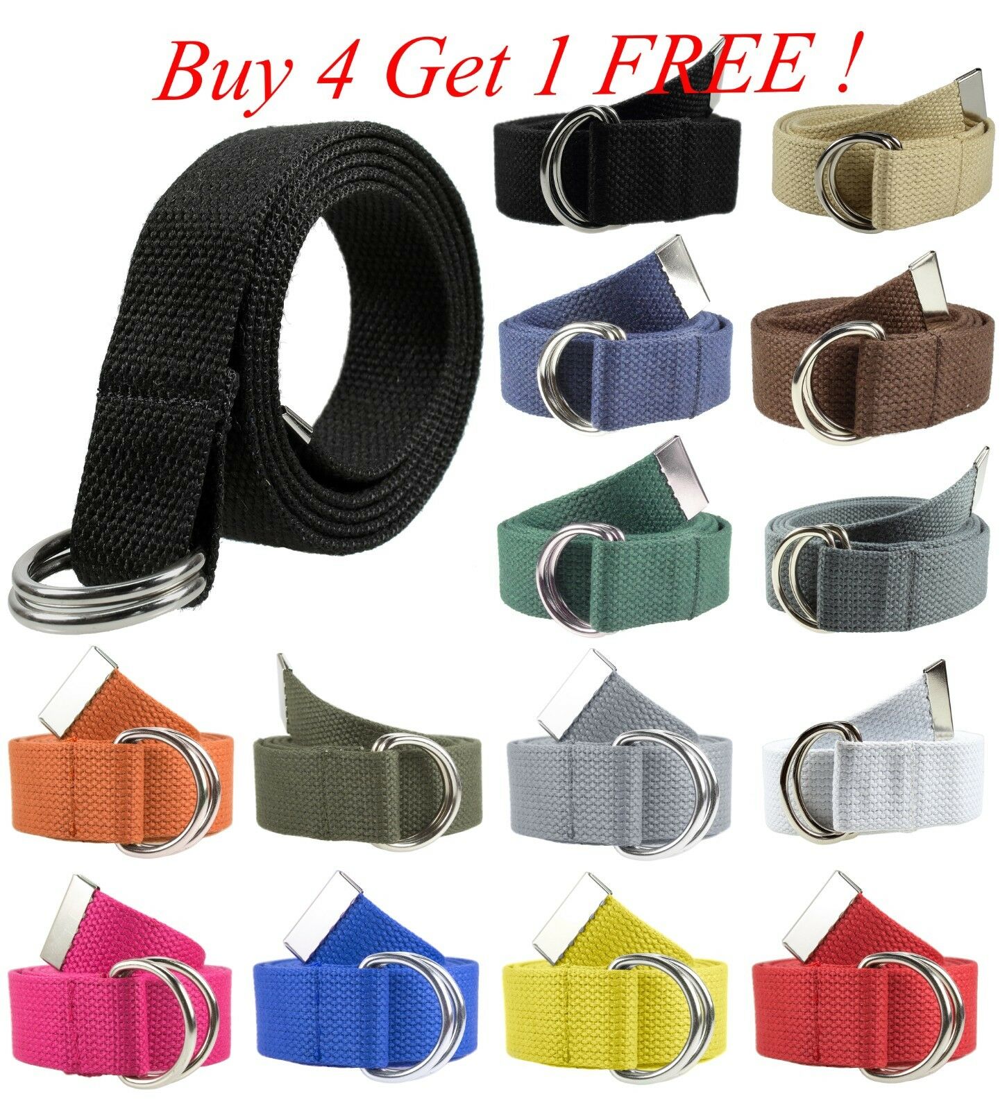 Canvas Web D Ring Belt Silver Buckle Military Style For Men & Women