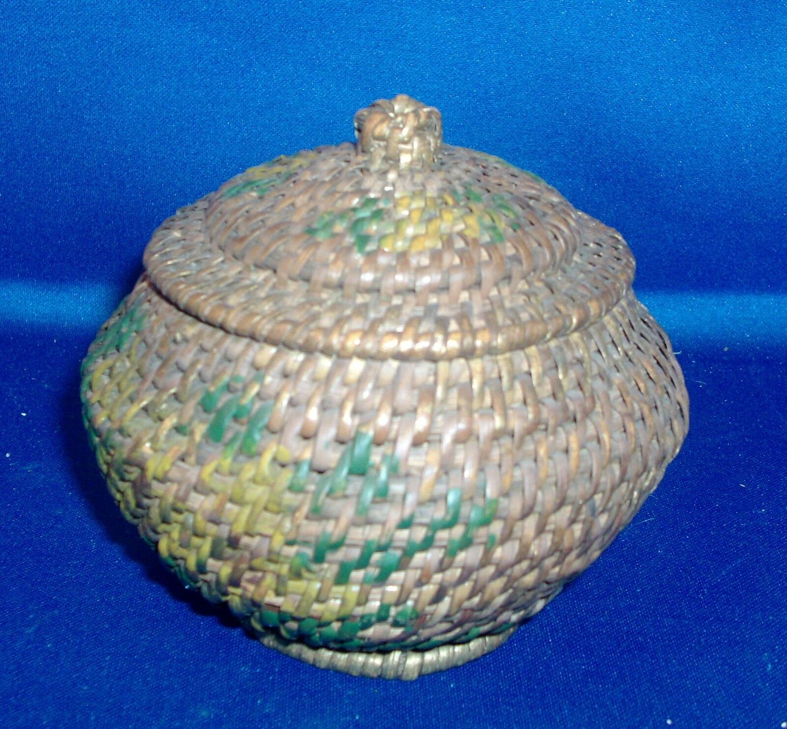 Vintage African Handwoven Basket Box With Lid Paint Decorated Bowl