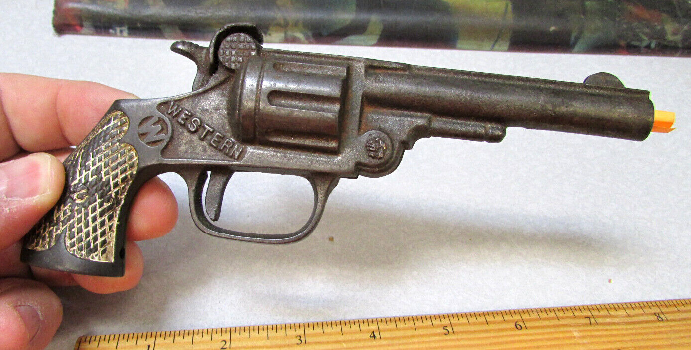 Vintage Cast Iron Kids Cap Gun, Western 6 Shooter Style, S & W On Grip, Decor
