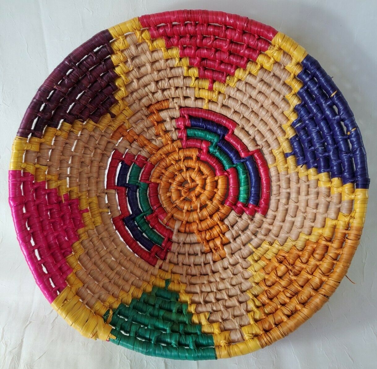 Colorful Shallow Coiled Woven Star Basket Wedding - 11" Diamtr Recycled Material