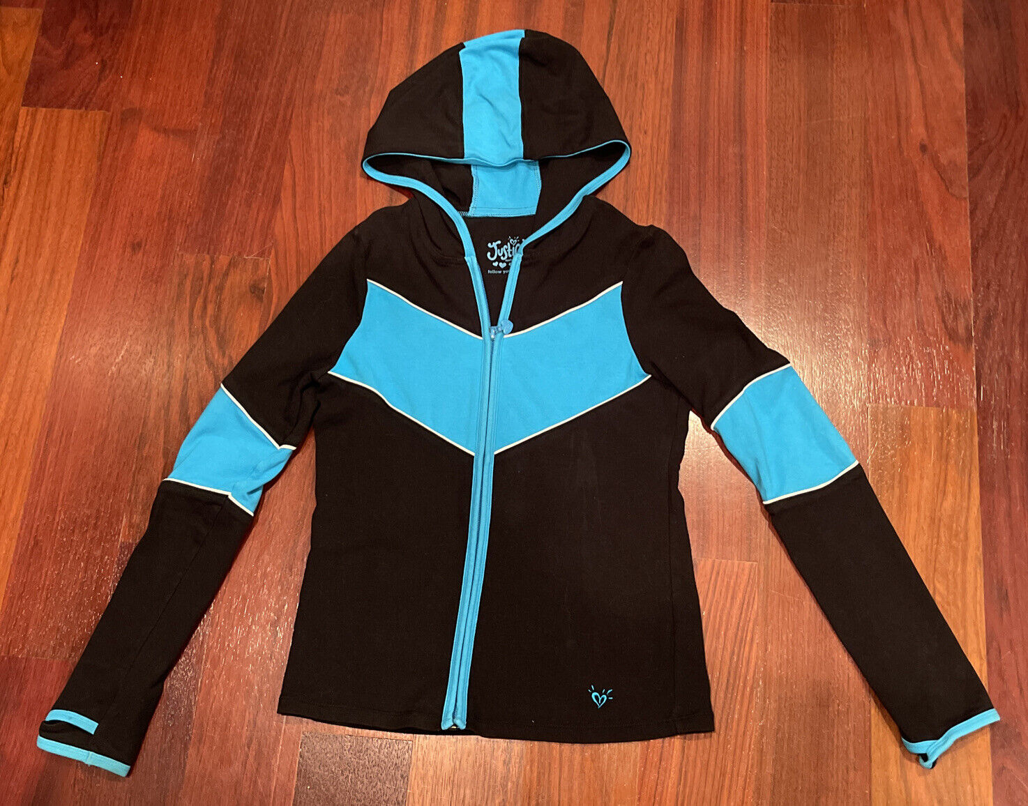 Justice Active Girls Hooded Zip Up Jacket Size 10  Black Blue Long Sleeve