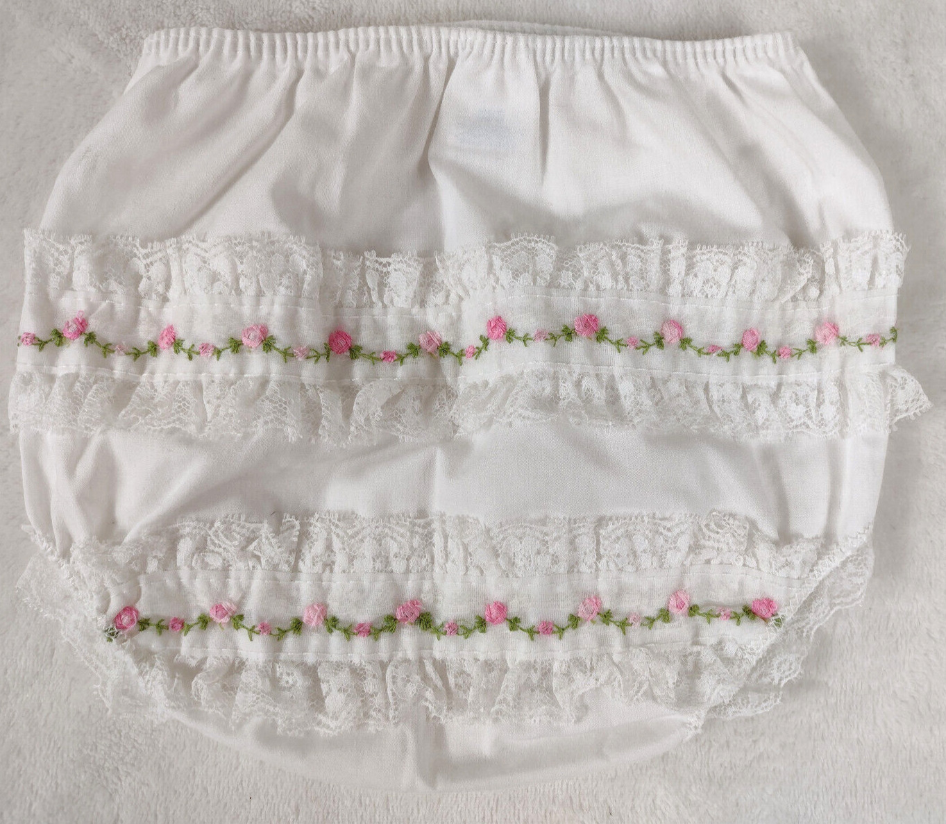Vintage Ruffled Lace Baby Bloomers Embroidered Roses Diaper Cover 13-16 Lbs