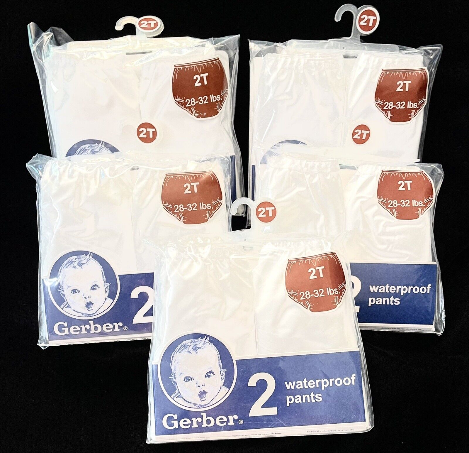 5- 2 Pack Gerber Waterproof Pants White Size 2t 28-32 Lbs. New. (10 Total)