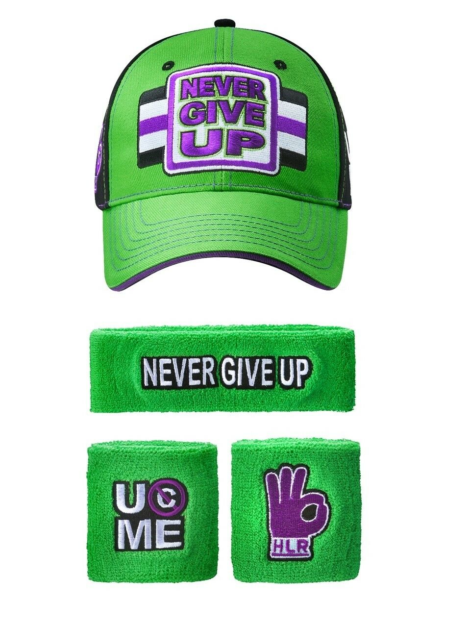 John Cena Wwe Never Give Up Green Purple Baseball Hat Headband Wristband Set