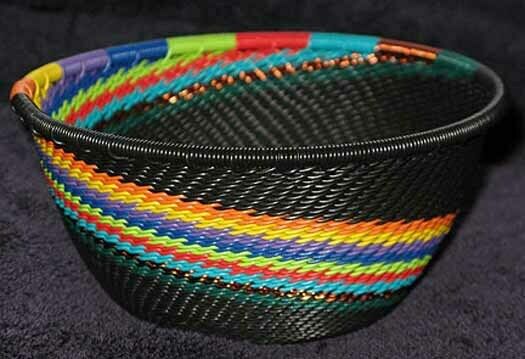 Silk Threads On Black Handmade African Zulu Telephone Wire Basket/bowl Sm