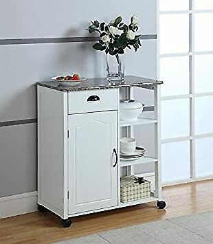 King's Brand White Finish Wood & Marble Vinyl Top Kitchen Storage Cabinet Cart