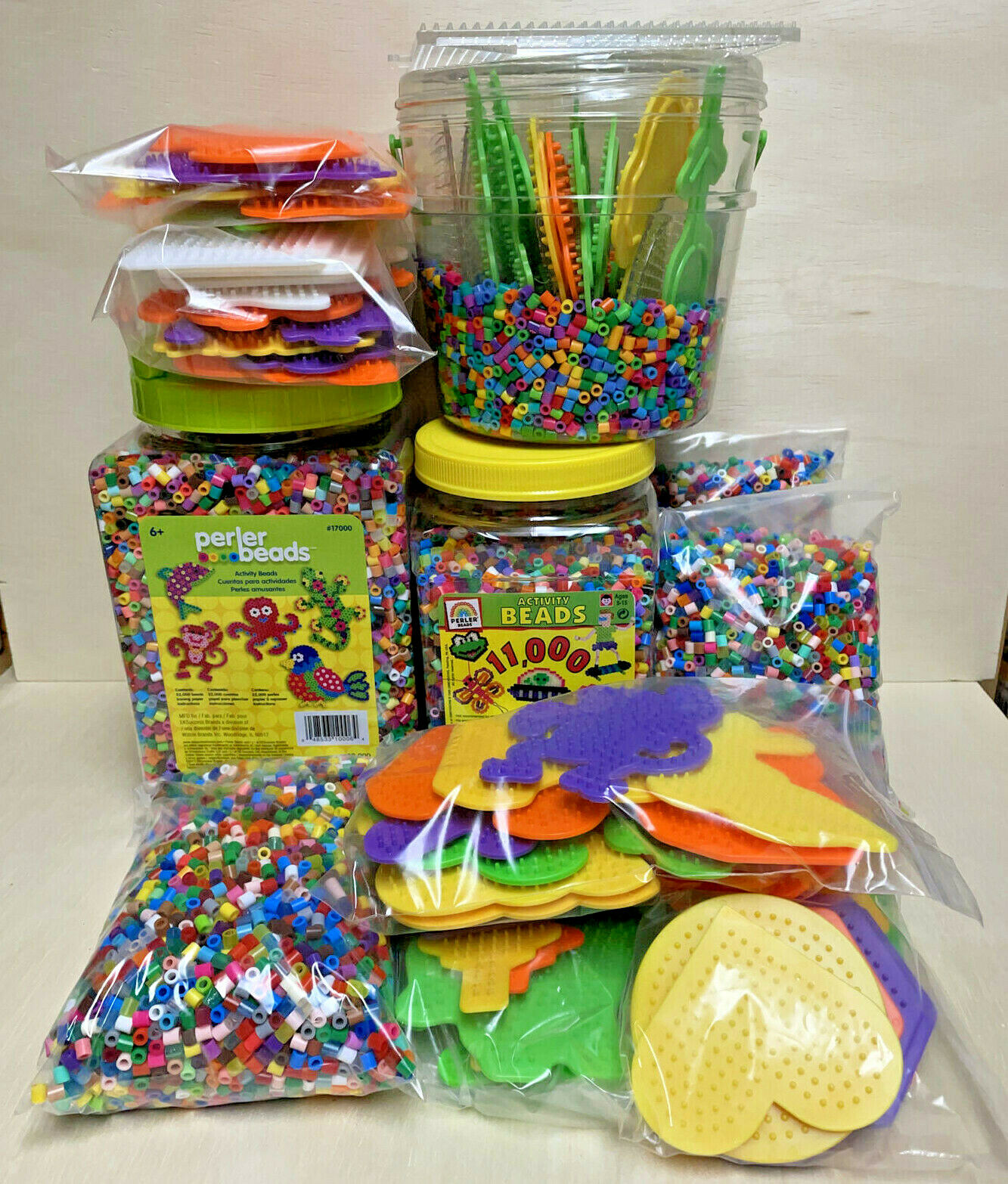 Lot Of 30,000+ Mixed Perler Beads And 40+ Pegboards